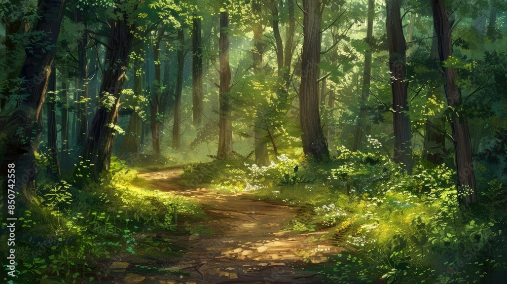 serene forest path, surrounded by tall trees and dappled sunlight AI generated serene forest path, surrounded by tall trees and dappled sunlight AI generated