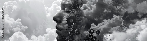 Feature an engineer with a transparent head, surrounded by gears, circuits, and cloudlike thoughts. photo