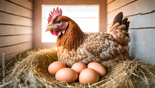 Chicken and egg. Poultry, chicken nest, hen nest, eggs and organic food concept photo
