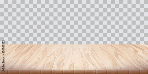 Wooden table surface on transparent background. Empty space table. Tabletop advertisement backdrop. Food picnic design element