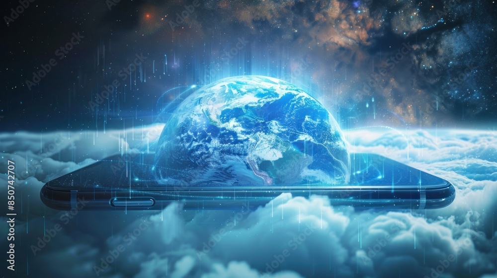 Fototapeta premium Mobile global internet communications. World wide web on phone via wireless satellite network technology. Smartphone digital connection at clouds services of all earth. Holographic abstract interface