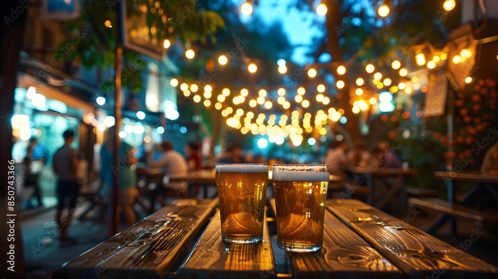 A blurred background of an outdoor bar shows people enjoying drinks, decorated for summer with string lights. creating a relaxed vibe that evokes street food culture.