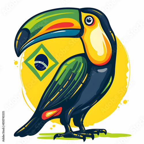 3D Flat Icon of Brazilian Toucan with Flag: Independence Day Symbol in Doodle Cartoon Style photo