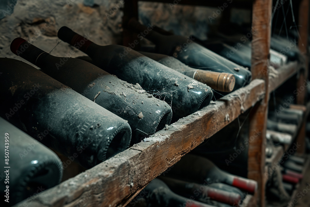 Red wine bottles stacked on wooden racks. Elegant wine cellar with a collection of bottles on wooden shelves Red wine bottles stacked on wooden racks. Elegant wine cellar with a collection of bottles on wooden shelves