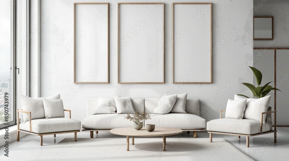 Fototapeta premium Modern interior of a living room background with blank wooden frames on the wall wide angle lens