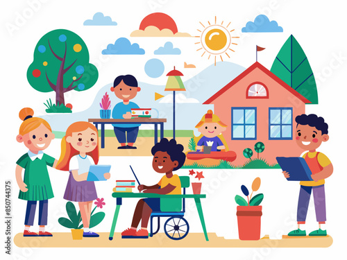 Illustration of a diverse group of children engaging in inclusive learning outdoors