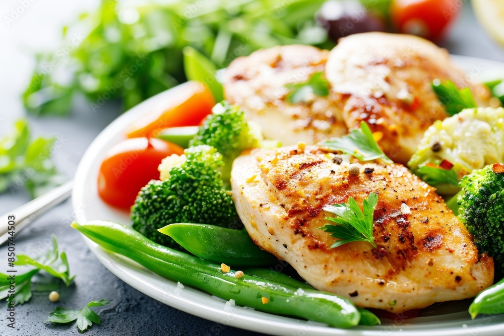 Fresh grilled chicken breast with green vegetables and herbs on a plate