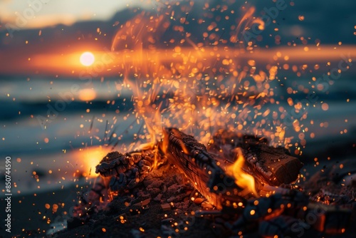 Close-up of a bonfire crackling on the beach at sunset, with sparks flying towards the fading colors of the sky