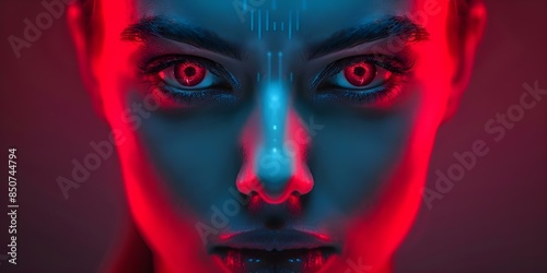 Face with no gender against a red digital backdrop representing the danger of self-aware AI. Concept Artificial Intelligence, Digital Background, Genderless Face, Red Aesthetic, Self-Awareness photo