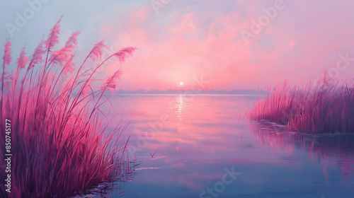 painting of pastel colors Reeds by the Lake , minimal work style of Jan Matson, bright pastel colors.