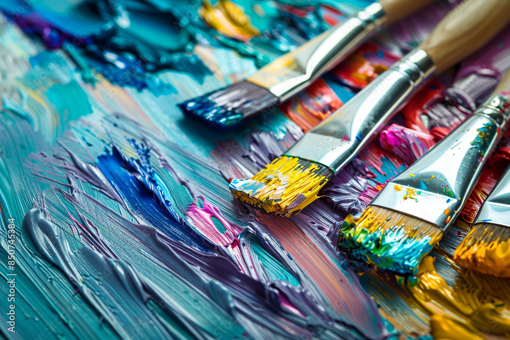 Fototapeta premium Fine art tools. Close-up of artist holding paint brush and drawing oil. Paintbrush with oil paint on a classical palette