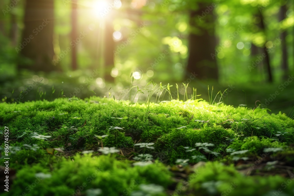 Close-up of a patch of lush green moss growing on a forest floor, with sunlight filtering through the leaves above Close-up of a patch of lush green moss growing on a forest floor, with sunlight filtering through the leaves above