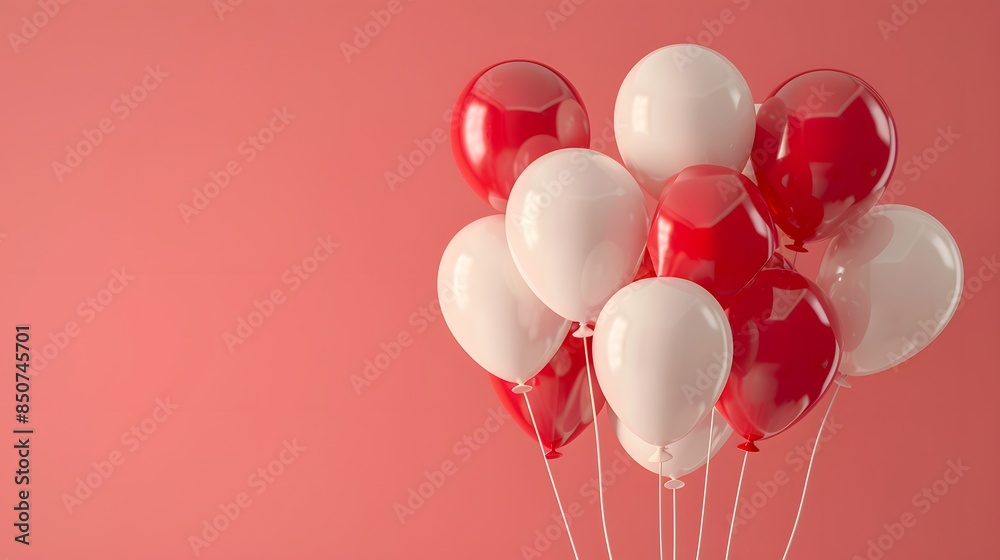 A collection of red and white balloons secured together on a pastel pink background, emphasizing the festive colors and maintaining a minimalistic composition.