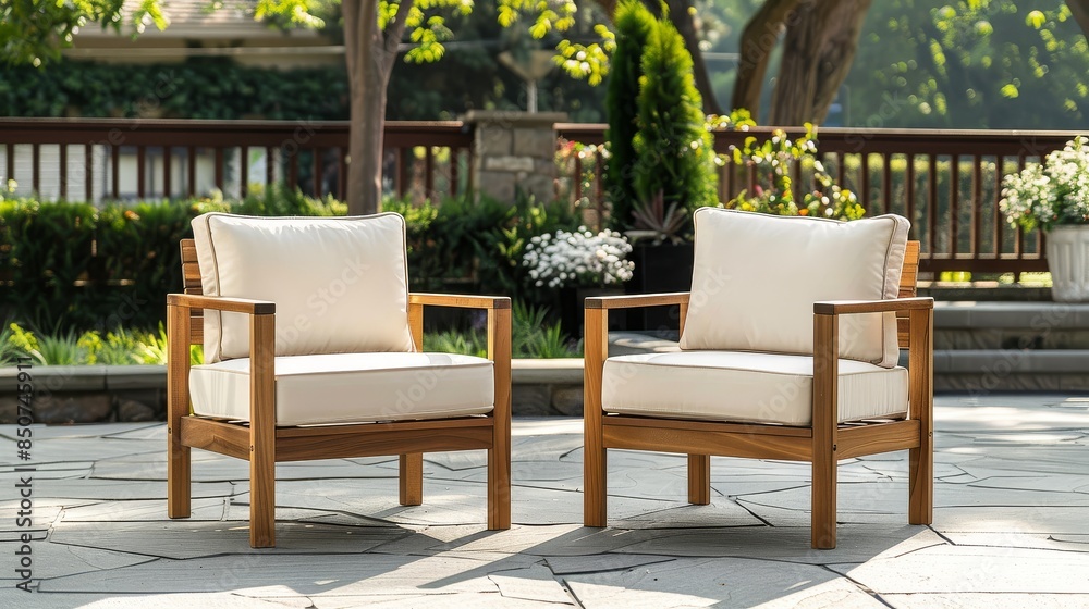 Outdoor Natural Wood and Cream Fabric Chairs with Cushions Set of Two on an Area Rug