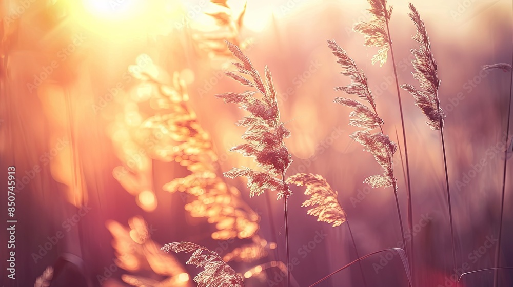 Obraz premium Vintage-style capture of tall grass in foreground with blurry sunset sky background, nature concept