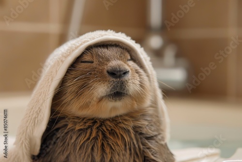 A content groundhog wearing a towel like a hoodie after a spa treatment, with eyes closed and a pampered expression photo
