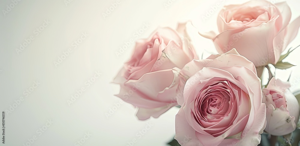 Fototapeta premium Soft pink roses on white background for elegant wedding card designs, romantic concept
