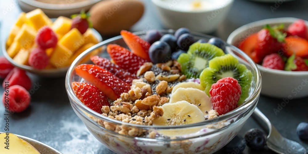 A breakfast scene featuring a bowl of oatmeal with fruits and nuts, arranged on a kitchen table A breakfast scene featuring a bowl of oatmeal with fruits and nuts, arranged on a kitchen table