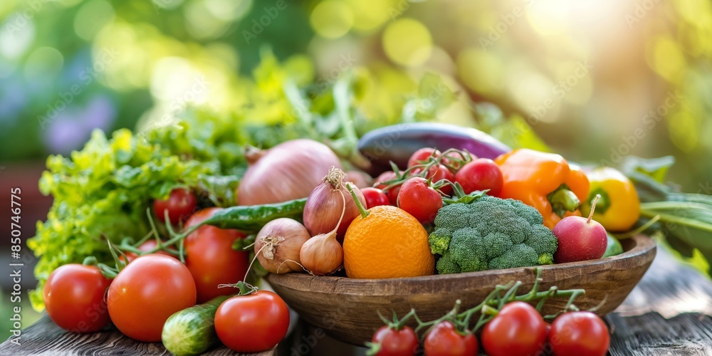 An assortment of fresh vegetables bathed in sunlight, featuring a variety of colors and textures on a rustic wooden background An assortment of fresh vegetables bathed in sunlight, featuring a variety of colors and textures on a rustic wooden background