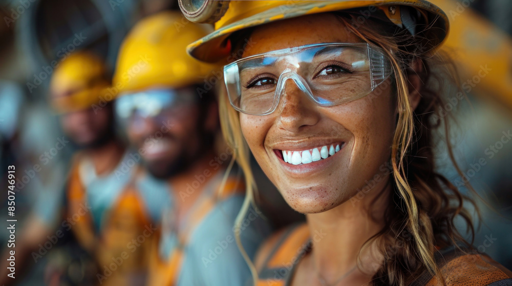 Group of male and female construction workers at a site, standing together in unity, wearing hard hats and safety vests, smiling and showing team spirit. Group of male and female construction workers at a site, standing together in unity, wearing hard hats and safety vests, smiling and showing team spirit.