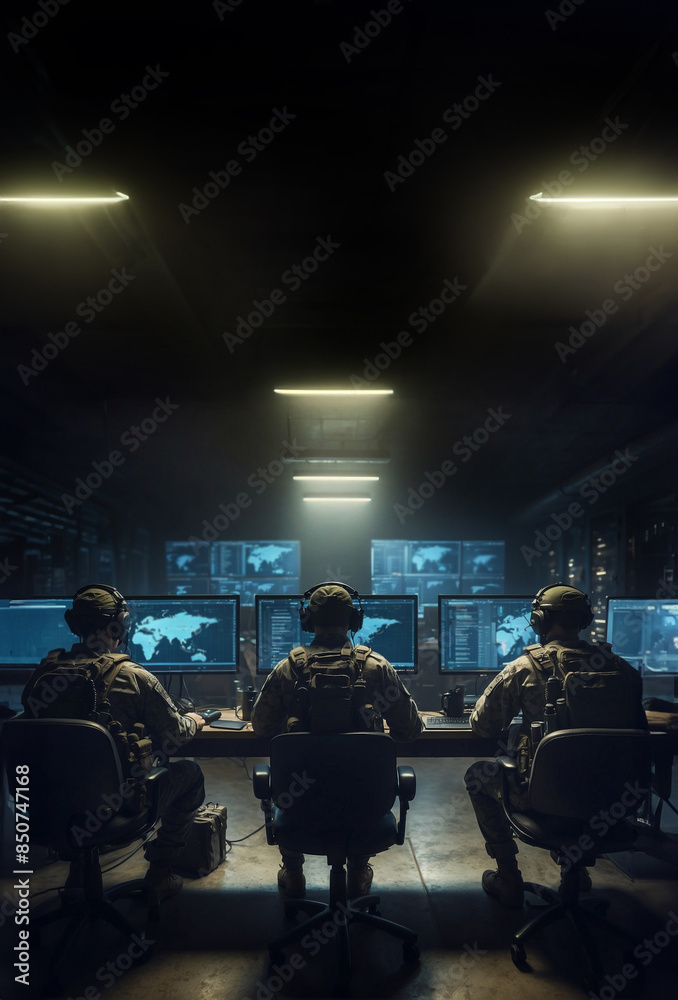 team of army at computer monitors, cyberwar concept, photo realistic illustration team of army at computer monitors, cyberwar concept, photo realistic illustration