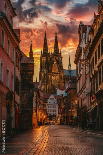 Panoramic view of a historic European city, cobblestone streets, quaint buildings, and a towering cathedral against a sunset sky © ktianngoen0128