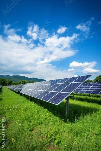 Solar panel field, green pastures, bright sunlight, renewable energy, eco-conscious landscape