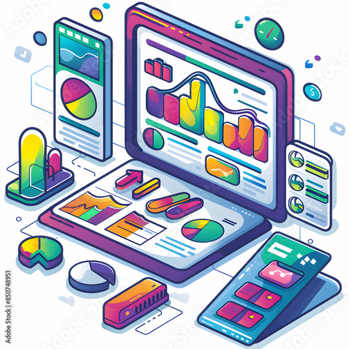 3D Flat Icon: CRM Dashboard and Analytics Icon for Software Presentations   Visually Appealing Design with Copy Space, Digital Materials Highlighting CRM Data and Performance Metri photo