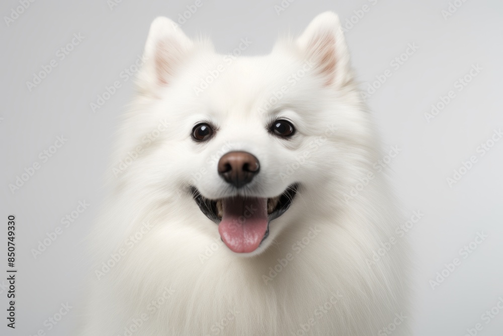 Portrait of a smiling american eskimo dog while standing against white background Portrait of a smiling american eskimo dog while standing against white background