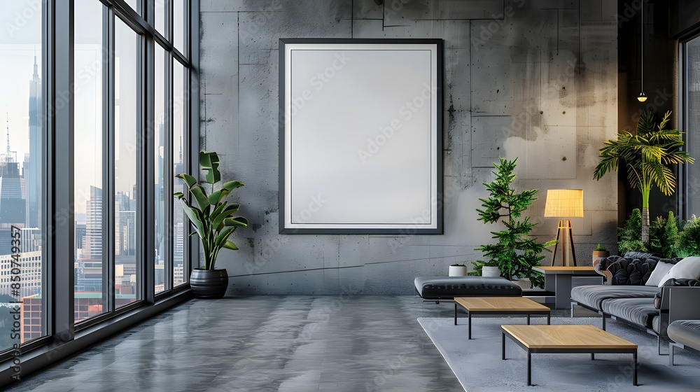 A large blank white frame is hanging on the wall of an office with minimalist furniture and panoramic windows overlooking a cityscape. A large blank white frame is hanging on the wall of an office with minimalist furniture and panoramic windows overlooking a cityscape.