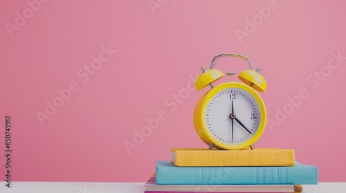 ellow alarm clock and books on table against pink background with copy space for text. photo