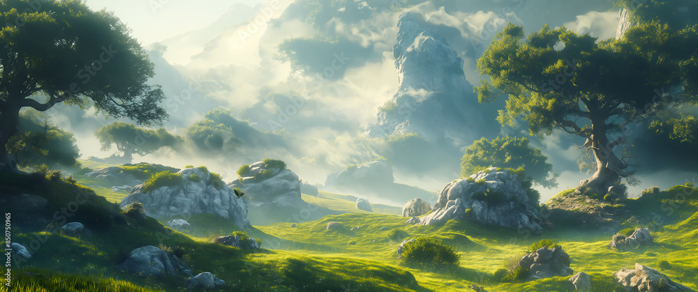 Fototapeta premium A fantasy landscape with an array of flowers, lush greenery and towering rock formations. The sky is filled with soft clouds. surrounded by shrubs and trees, creating a serene atmosphere.