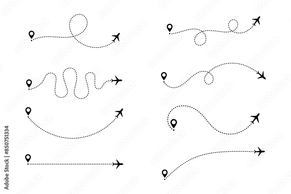 Airplane dotted route line set. Path travel line shapes. Flight route with start point and dash line trace for plane Airplane dotted route line set. Path travel line shapes. Flight route with start point and dash line trace for plane