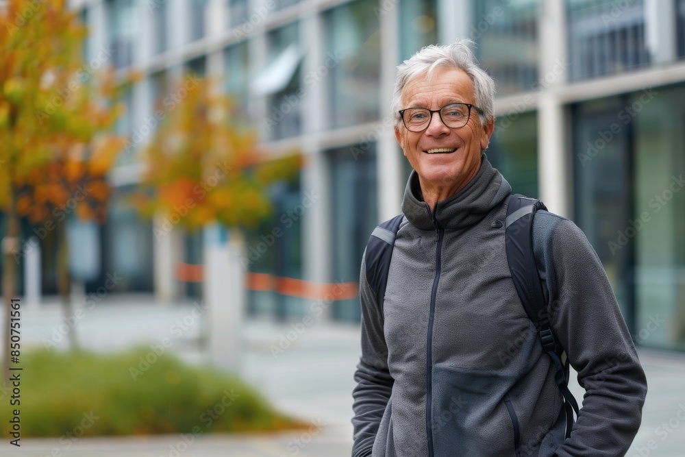 In a sports outfit, a smiling mature man stands outside with a smile on his face. In a sports outfit, a smiling mature man stands outside with a smile on his face.