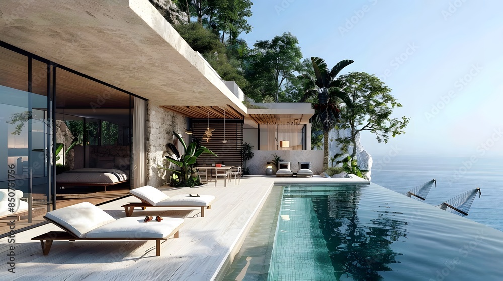 A sleek beachfront bungalow at Coral Bay, featuring glass facades and polished wood, infinity pool, hammocks, clear skies, contemporary coastal architecture, embodying simplicity. A sleek beachfront bungalow at Coral Bay, featuring glass facades and polished wood, infinity pool, hammocks, clear skies, contemporary coastal architecture, embodying simplicity.