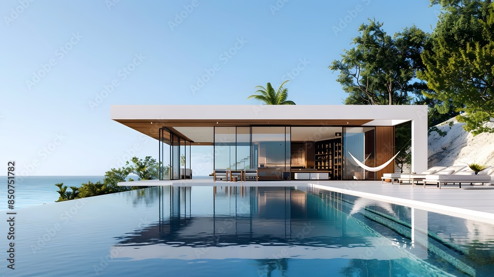 Fototapeta premium A sleek beachfront bungalow at Coral Bay, featuring glass facades and polished wood, infinity pool, hammocks, clear skies, contemporary coastal architecture, embodying simplicity.