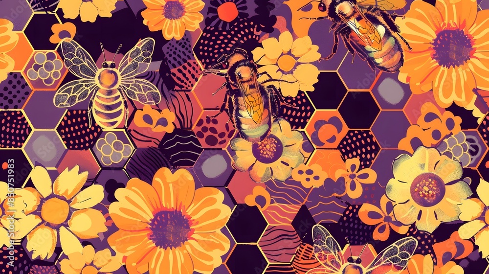 Retro 70s 60s groovy hippie flower bee honeycomb vector seamless pattern. Summer honey lover background. Bee aesthetic surface design Retro 70s 60s groovy hippie flower bee honeycomb vector seamless pattern. Summer honey lover background. Bee aesthetic surface design