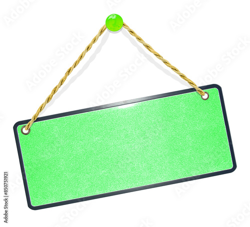 Plaque verte suspendue sur fond blanc 