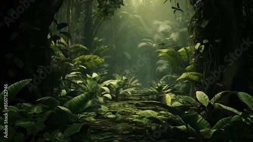 Tropical Jungle Background. Atmospheric Wallpaper with Lush, Tropical Vegetation.