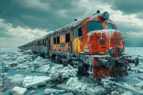 Abandoned train on icy tracks against a dramatic frozen landscape photo