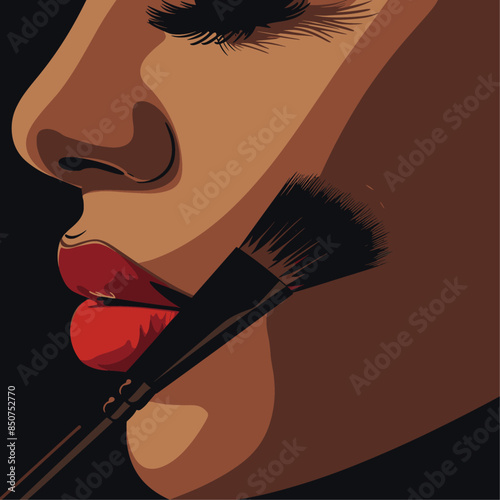 A vector illustration of an African American woman's face with red lipstick and brush