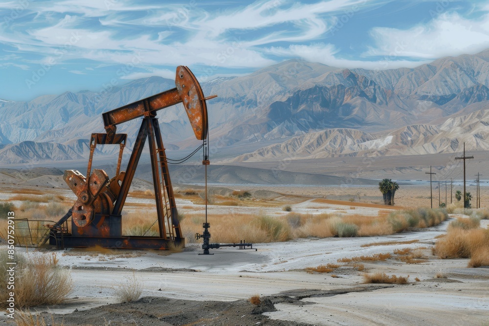 In the endless desert landscape, a lone oil rig stands tall, reaching towards the vast sky surrounded by rugged mountains and barren fields In the endless desert landscape, a lone oil rig stands tall, reaching towards the vast sky surrounded by rugged mountains and barren fields