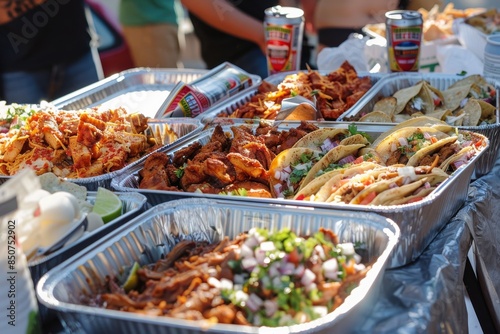 This plate of street food includes bbq skewers and tacos, all created with stock AI