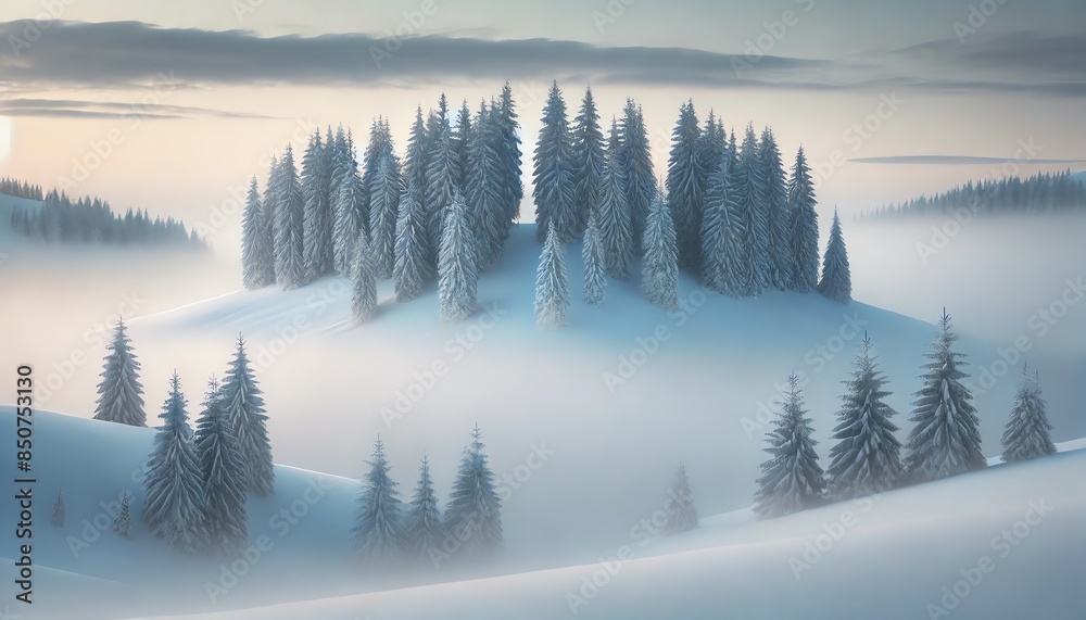 A serene winter landscape featuring a group of snow-covered pine trees on a gentle slope with calming winter tones sky A serene winter landscape featuring a group of snow-covered pine trees on a gentle slope with calming winter tones sky