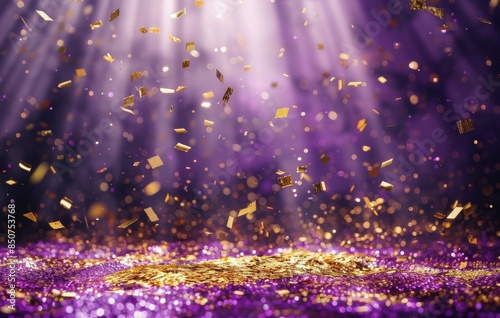 Golden Confetti Falling on Purple Background With Light Beams