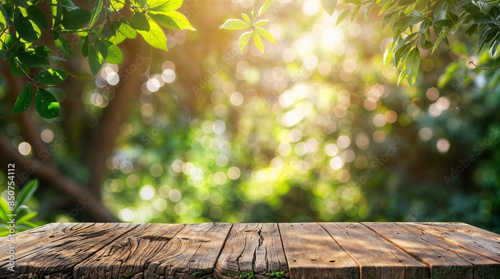 Empty wooden table top with a blurred nature background for product display presentation and social media banner design template Empty wooden table top with a blurred nature background for product display presentation and social media banner design template
