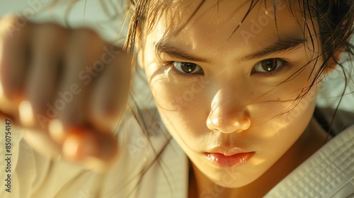 Realistic portrait of an Asian beautiful girl in a karate stance photo