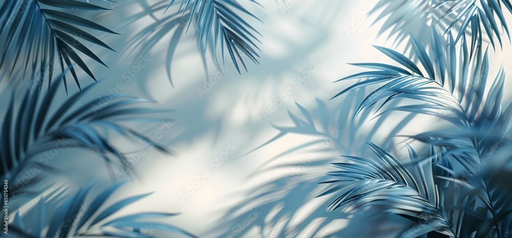 Sunlight Illuminating Palm Fronds Against a Blue Wall