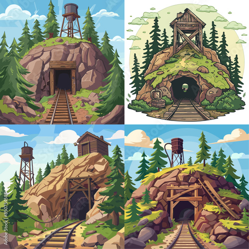 4 cartoon images of different types of old gold mine landscapes, a water tower on top of a mountain surrounded by trees