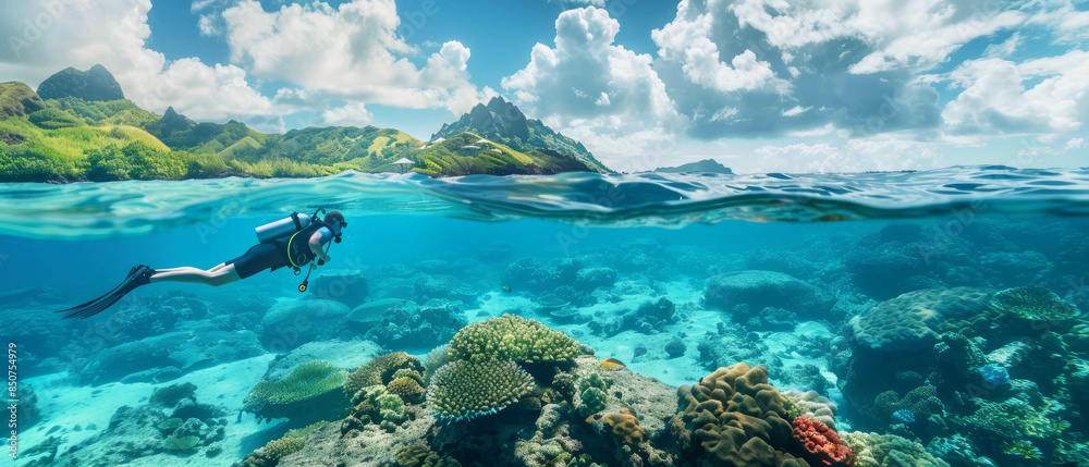 An adventurous diver is seen exploring the pristine waters and colorful coral formations of Okinawa, vividly depicted in this underwater scene using AI generative.